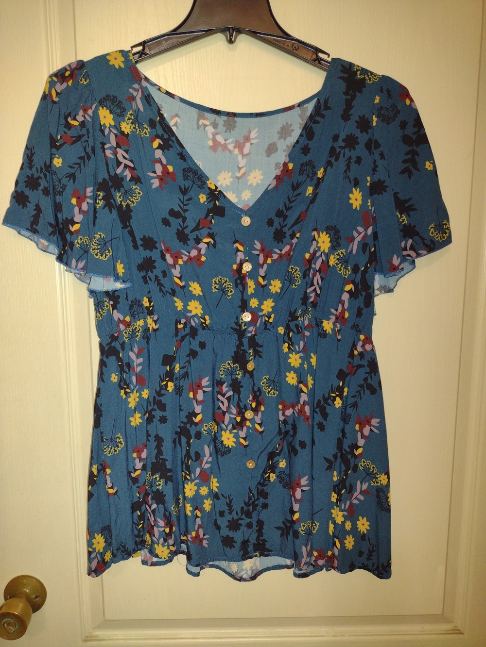 SHEIN Teal Blue Floral V-Neck Button Front Tunic